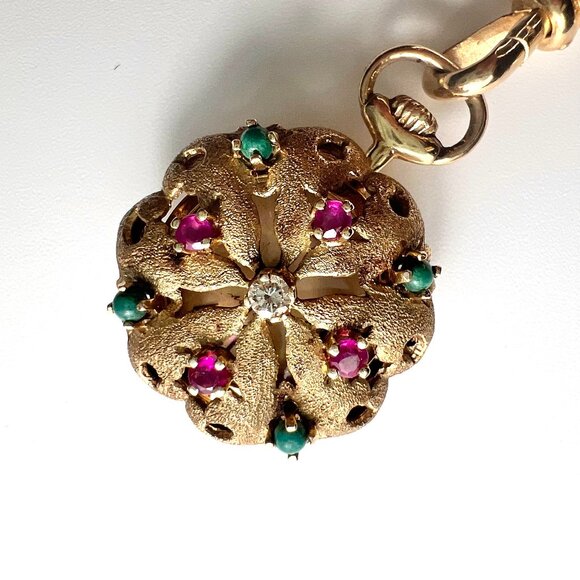 Jewelry - VTG 14KGold Pendant Watch with Floral Motif encrusted Rubies, Emeralds & Diamond